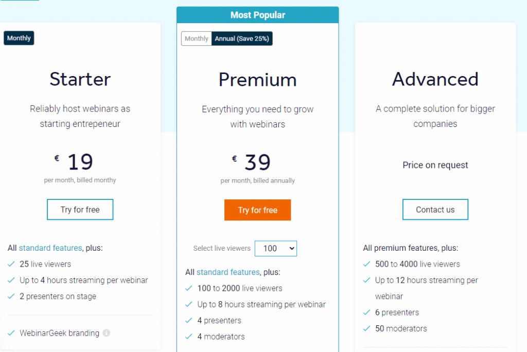 WebinarGeek pricing